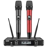 TONOR Mikrofon Kabellos System, Dual Funkmikrofon mit Empfänger, drahtloses Karaoke Microfono Set Wireless Singing Mic dynamisch 60m Reichweite für Hochzeit Party Kirche Vortrag Bühne TW450 Grau&Red