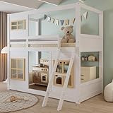 Hochbett, Etagenbett mit schräger Treppe, mit 4-seitigem Fallschutz im Fensterdesign, 90x200 cm, Bett mit Hausbett-Design, Rahmen aus Kiefenholz, weiß mit Natur