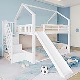 Azkoeesy Etagenbett mit Rutsche und Stauraumtreppe | Hausbett mit Fallschutz Geländer für Kinder/Jugendliche | Kiefernholz Doppelbett 140x200cm Weiß