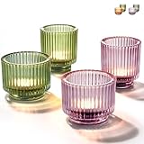 Praknu Teelichthalter Windlicht aus dickem Glas - 4er Set mit Rillenrelief - Für Stilvolle Tischdeko & Festliche Anlässe - Grün/Lila