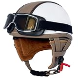 Vintage Motorradhelm Open Face Leder-Helm, ECE-Zertifizierung, Retro Halbschalenhelm Motorrad Roller Helm Mit Brille, Scooter Helm, Cruiser Moped Offenem Helm E,L
