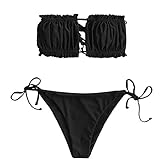 ZAFUL Damen Bikini Set, schulterfrei Bandeau mit Kordelzug & Rüschen High Cut Einfarbig Bademode (Schwarz, S)
