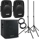 Pronomic 118S-212A Aktive PA-Anlage - aktives PA-Set mit 1x 18-Subwoofer und 2X 12-Satelliten - 600 Watt Gesamtleistung (RMS) - inklusive Boxenständer und 10m-Kabeln