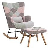 muenfly Schaukelstuhl mit Hocker Schaukelsessel Gepolstert Schwingsessel mit Lendenkissen, Patchwork Relaxsessel, hoher Rückenlehne Schwingstuhl für Wohnzimmer