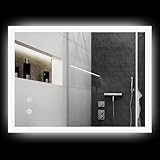 kleankin Badspiegel, Badezimmerspiegel mit LED-Beleuchtung, Lichtspiegel mit Touchschalter, Memory-Funktion, 80 x 60 cm beschlagfreier Wandspiegel mit 3 Lichtfarben, IP44 Wasserdicht