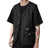 Lässige Utility-Arbeitsweste, Retro-Cargo-Weste, leichte Baumwollweste mit Metallknöpfen und großen Taschen, Vintage-Streetwear-Weste, ideal für Workshop-Styling oder Stadtkaffee-Ausflug, Schwarz