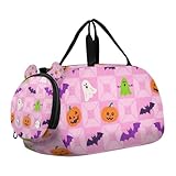 Halloween rosa karierte Kürbis-Fledermaus-Reisetasche für Kinder, mit Schuhfach, großes Fassungsvermögen, Wochenendtasche, Übernachtungstasche für Reisen, Sport, Reisetasche, Wochenender