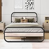 HOMERECOMMEND Doppelbettgestell mit Kopfteil, ovales Plattformbett mit Stauraum unter dem Bett, Stahllattenmatratze, rundes Rohr-Design, Ahorn