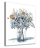 Blumen Wand Kunst Aquarell Marine Floral Bilder Wanddekoration Blume im Glas Leinwand Gemälde Blau Botanische Pflanzen Leinwanddrucke Kunstwerk für Haus Büro Wanddekoration 30X40CM