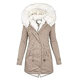 Cantissa Langer Damen-Parka mit Pelzbesatz, mit Kapuze, gepolstert, Winterjacke, Mantel, Winter, warme Baumwolle, Steppjacke, Parka mit Kunstfell-Kapuze, Y7-Khaki, XL