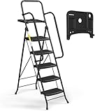 HBTower Trittleiter 5 Stufen klappbar mit Werkzeugablage, Faltbare Haushaltsleiter mit Anti-Rutsch-Stufen & Gummifüßen, Stahlrahmen bis 150 kg belastbar, für Zuhause, Garage & Baustelle