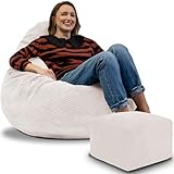 DreamRoots Sitzsack Erwachsene Cord oder Kinder - Bean Bag Sofa - Sitzsack Cord mit Hocker und Bezug - Sitzsäcke mit Füllung 90x90x100 cm White Dove