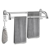 Focenat Handtuchhalter Ohne Bohren Ausziehbar 43-75CM, Edelstahl Handtuchstange Wandmontage, Selbstklebend oder Schrauben, Badetuchhalter mit Haken für Badezimmer Küche (Silber, 2 Stangen)