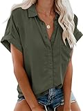 Friptspyg Musselin Bluse Damen Lässiges Kurzarm Hemdbluse Sommer V-Ausschnitt 100% Baumwolle Solide Blusenshirt Elegant Oberteile mit Tasche, Armee Grün L