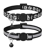Taglory Reflektierend Katzenhalsband mit Sicherheitsverschluss und Glöckchen, 2-Stück Verstellbar Halsband Katze Kitten, 19-32cm Schwarz