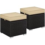 Yaheetech 2 STK. Rattan Hocker mit Abnehmbarem Kissen & Stauraum, Wetterfest Sitzhocker Gartenhocker Fußhocker Flache Rattanoptik für Outdoor Garten Terrasse, Braun & Khaki