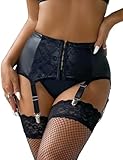 comeondear Damen Strapsgürtel Leder Strapsen Spitze Strumpfhalter mit 6 Halter Wetlook Strumpfband Clips aus Metall Hosenträger Dessous Set Große Größen Schwarz L