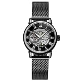 FORSINING Modische Damen-Armbanduhr, Skelett, lässig, wasserdicht, Handaufzug, mechanische Uhr mit Edelstahl-Mesh-Band, 05-schwarz, Armband