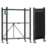 ALANNG Klappregal mit Rädern - Standregal mit 3 Ablagen, Bücherregal aus Metall - Montagefrei & Stabil - Für Küche, Wohnzimmer, Keller, Büro - Schwarz