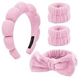4 Stück Haarband Kosmetik,Spa Stirnband Make Up Schwamm Set Damen, Hautpflege Stirnband Waschen Gesicht Wristband Set Für Frauen Schönheit Mädchen Yoga Sport Dusche Make-up-Entfernung (Rosa)