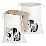 2 Stück Wäschebeutel Reise, Baumwolle Wäschesack Reise, Wäschesack Groß mit Kordelzug, Wiederverwendbar Wäschebeutel Schmutzwäsche, Faltbarer Laundry Bag zur Kleideraufbewahrung, 60 x 50 cm, Weiß