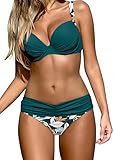 Ocean Plus Damen Regenbogen Gestreiftes Dreieck Bikini Set Push Up mit Bügel Zweiteilig Tankini Bademode (M (EU 36-38), Dunkelgrün)