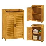 Outsunny Gartenschrank Holz, Geräteschuppen mit Arbeitsfläche, wetterfest Geräteschrank, 65,5x40x98,5cm, Gerätehaus mit Lamellentür, Ablagen, Werkzeugschrank Gartenschuppen für Garten, Terrasse, Gelb
