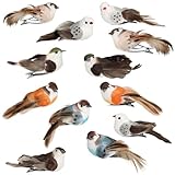 com-four® 12x Dekovogel - künstliche Vögel in 4 bunten Farben - Dekovögel mit Federn und Metall-Clip - Zier-Vogel für Ganzjahresdekoration - Wintervögel (12 Stück - Mix-Set 02)