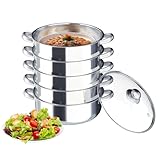 Fridgestea 5-Lagiger Edelstahl-Dampfkochtopf mit Glasabdeckung, Multifunktional Gardampftopf mit Schongarer, Stapelbar Induktion Dampftopf für Induktion/Elektrokeramik/Alle Herdarten/Gemüse/Knödel