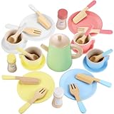 GAGAKU Geschirrset aus Holz Teeservice Kinder Kinderküche Zubehör Holz - 28 Teiliges Spielküche Zubehör für Mädchen und Jungen, Holz Küchenzubehör für Kinder