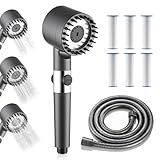 Duschkopf mit Schlauch 1.5M, Handbrause Hochdruck Duschkopf mit Filter, 3 Strahlarten Duschsparkopf, 6 Filterelemente, Universal Einstellbarer Brausekopf Dusche, sofortiger Stopp-Taste (Grau)