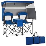 COSTWAY Campingstuhl mit verstellbarem Sonnenschutz, Klappstuhl mit Kühltasche & Becherhalter, Faltbarer Angelstuhl für 2 Personen, Faltstuhl mit Tragetasche, für Camping, Sport, Angeln (Marineblau)