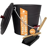 BLACK OAK Ascheeimer Katla 15L – Set Schaufel & Besen schwarz rund mit Deckel groß 15 Liter Stahl feuerfest verzinkt & pulverbeschichtet Asche & Kohle Eimer ideales Zubehör für Kachelofen Holzofen