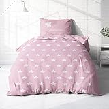 Dobnig Bettwäsche 135 x 200 Rosa Sterne - Baumwoll Bettwäsche Grau mit Sternen - Winter Bettwäsche Set - Sternen Bettwäsche Biber - 100% Baumwolle