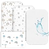 NesriToy Baby Spannbettlaken 81x 41cm, 2 X Bettlaken Kinderbett Oeko-Tex Standard 100, 1 X Matratzenschoner aus 100% wasserdichtem, 3er Set Spannbetttuch für Babybett(Regenbogenpunkte + Sterne)