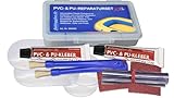 fishingglue.de PVC- & PU-Reparatur Set XXL, Plastik- Flickzeug (Vinyl, PVC, PU) Wasser-& UV-beständig für Schlauchboot Zelt Pool Gewebe Plane Markise Isomatte Luftmatratze bis 60°C wärmestabil
