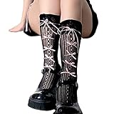 ULIJTH Gerippter Strumpf, Ballettschleifen, Krawatte, knielang, lang, durchbrochen, Spitzensocke für Damen und Mädchen, ausgehöhlte Strümpfe, Schwarzer Fächergürtel, Einheitsgröße