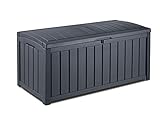 Keter Glenwood Kissenbox, Auflagenbox, 390 Liter Volumen, Wasserdicht, Graphit, Holzoptik, Sitzbank für 2 Erwachsene,128x65x61cm, Gartenbox