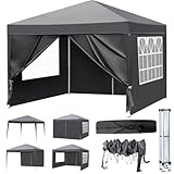 LEADZM Pavillon 3x3m,Pop-up Faltpavillon,Wasserdichter,Winterfest,Höhenverstellbar,UV Schutz 50+,Stahlrahmen,fur Garten,Party,Camping,Outdoor,Stahlrahmen,mit 4 Seitenteilen,Dunkelgrau