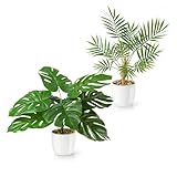 PASCH® 2er Set Monstera künstlich und Areca Kunstpalme (35cm) in weißen Keramiktöpfen: Kunstpflanzen wie echt | Künstliche Pflanzen im Topf | Fake Plant + Palme künstlich | Kunstblumen im Topf