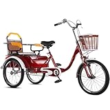 LSQXSS Cruiser-Dreirad mit einer Geschwindigkeit,Aufsitz-Rikscha-Dreirad mit Pedalen,Tandem-Dreirad mit Rücksitz,Doppelbremsen,3-Rad-Fahrrad,stoßdämpfende Vordergabel,Rücksitz mit Gurt