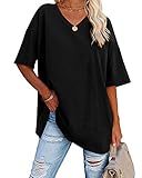 Ebifin Damen Oversize T Shirt mit V-Ausschnitt Kurzärmeliges Casual Lockere Basic Sommer Tee Shirts Bluse.Schwarz.L