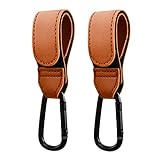 2 Stück Kinderwagen Haken, Leder karabiner Kinderwagen Buggy-Clips Träger Baby Tasche Clips, Taschenhaken Anhänger für Wickeltaschen, Kinderwagen Zubehör (Braun)
