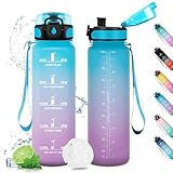 Trinkflasche Sport 1L, Trinkflaschen Kohlensäure Geeignet, Wasserflasche Sport Auslaufsicher mit Zeitmarkierung, Trinkflasche mit Filter, Sportflasche für Fitness, Gym, Schule, Outdoor, Yoga
