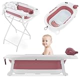 Moby-System Faltbare Baby-Badewanne mit Einsatz, LCD-Thermometer & Gestell – Sicherer Halt ab Geburt, Ergonomische Höhe für Eltern, Platzsparend klappbar 9,5 cm - Schmutziges Rosa