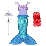 AOOWU Meerjungfrau Kostüm Mädchen, 4-Teiliges Set Meerjungfrau Kleid Mädchen mit Perücke, Lila Krone und Zepter, Kostüm Kinder für Karneval Party Halloween Weihnachten Cosplay (110Cm)