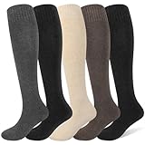 Tialfas 5 Paare Kniestrümpfe Damen, Warme Damen-Kniestrümpfe Baumwolle Weichem Touch Knee High Socks Schwarz Komfortables für Hiking Outdoor Alltag und kalte Winter