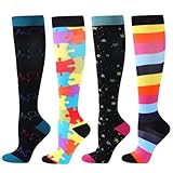 BISOUSOX 15-20 mmHg Kniehohe Kompressionsstrümpfe Damen Herren 4 Paare Sport Laufen Kompressionsstrümpfe Stützkniestrümpfe Damen Fashion Fahrradsocken Geschenk für Männer Frauen Schwangerschaft