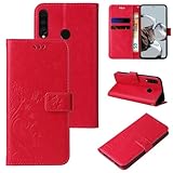 LBH Handy Hülle für Huawei P30 Lite Case Handytasche Schmetterling Blumen Flower Standfunktion Schutzhülle Magnet Rundum Schutz 360 Grad Flipcase Cover Rot