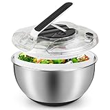 Gaethra Salatschleuder Edelstahl Groß 4,5L, Push-Typ Salatschleuder mit Deckel, Rutschfestem Boden, Salad Spinner Zum Waschen und Abtropfen von Salaten, Abgießen von Nudeln usw